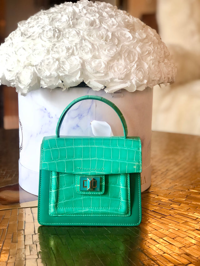 Divina Top Handle Croco Handbag in Turquoise