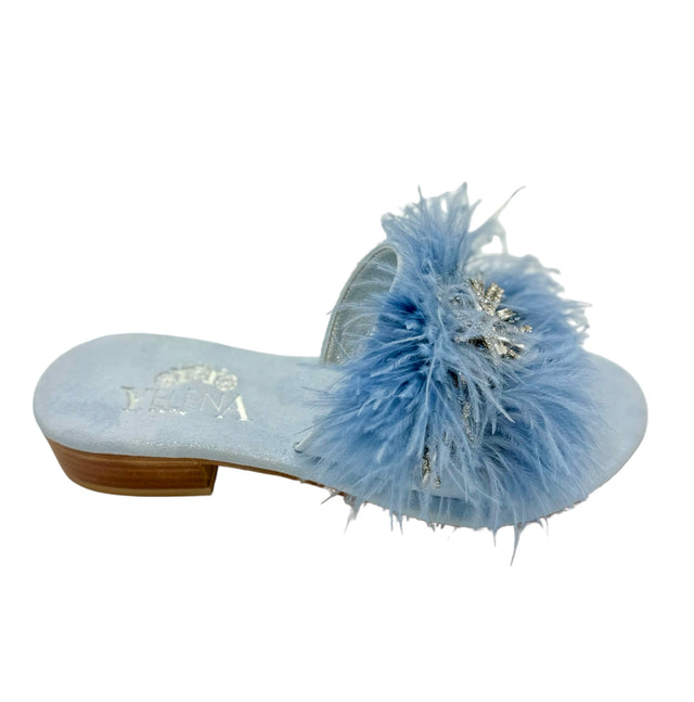 Baby Blue Feather Crystal Dream Slide Sandals in Suede