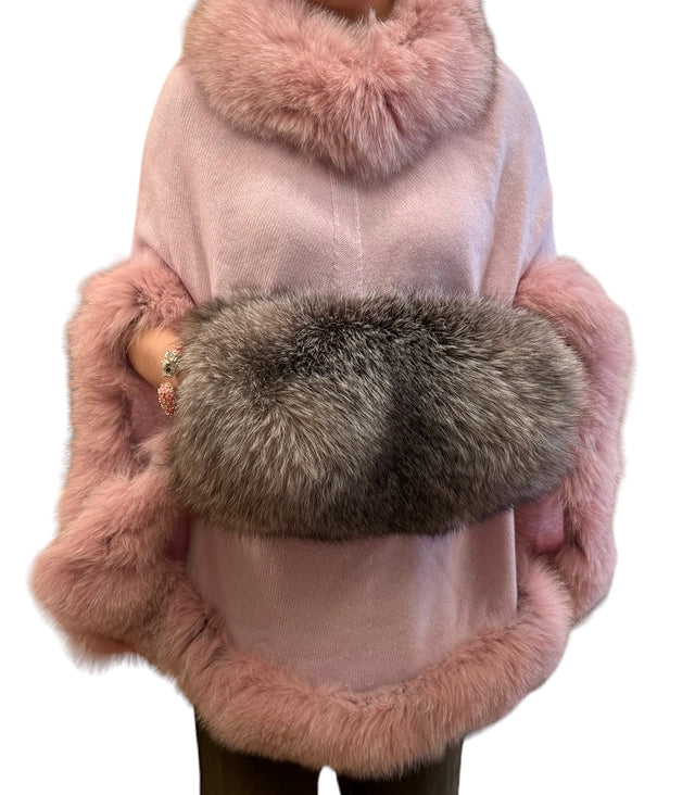 Pink Cashmere Poncho with Fox Fur Trims
