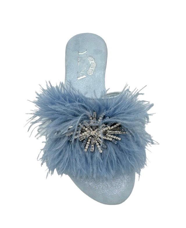 Baby Blue Feather Crystal Dream Slide Sandals in Suede