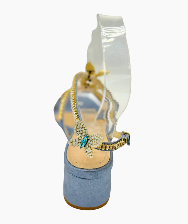 Baby Blue Butterfly Midi Chunky Heel Sandals