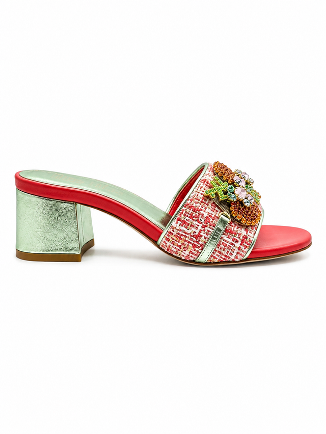 Coral Tweed Slide Sandals with Crystal Embellishments