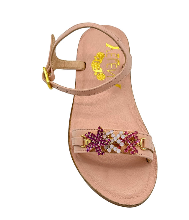 Pink Crystal Coral Starfish Crystal Mini-Me Flat Sandals in Leather - Smaller Size