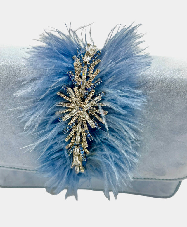 Baby Blue Feather Crystal Dream Clutch Bag in Suede