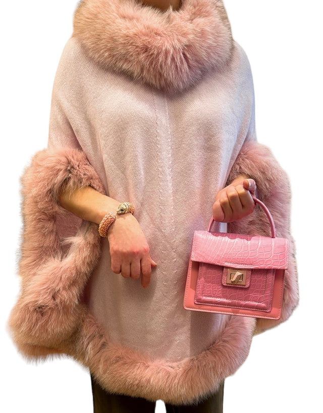 Pink Cashmere Poncho with Fox Fur Trims