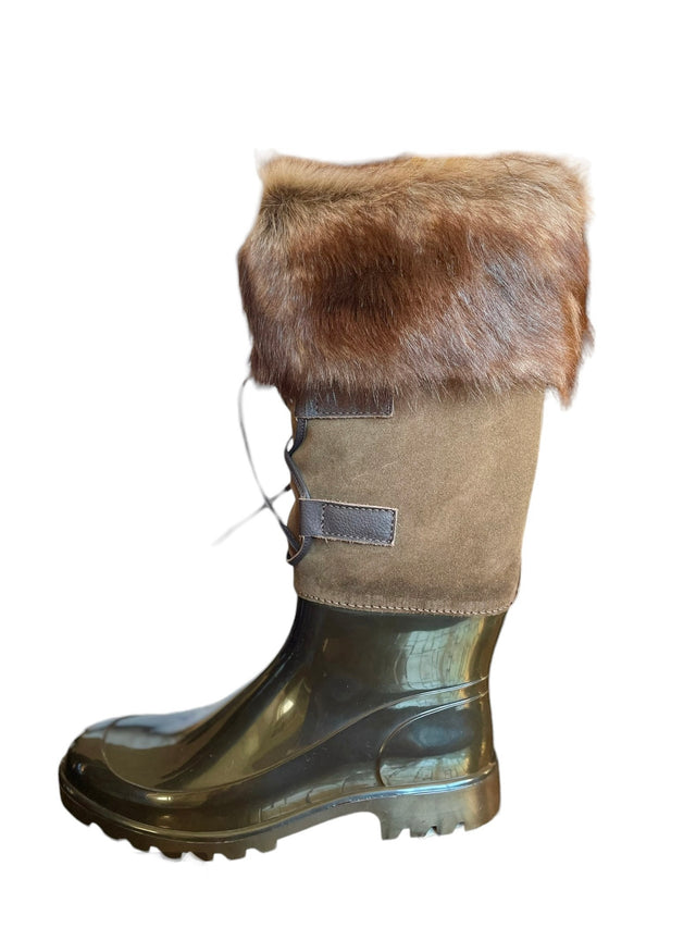 Cognac fur and suede combo rain boots