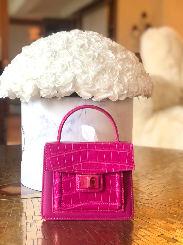 Divina Top Handle Croco Bag in Hot Pink