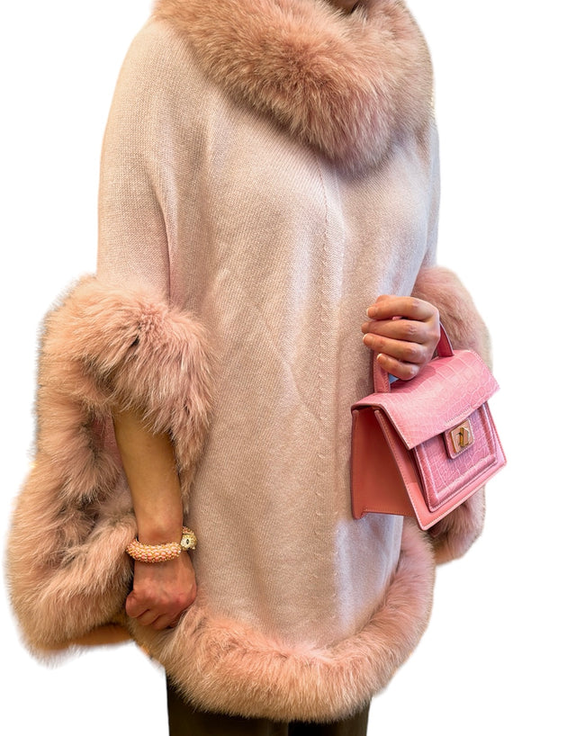 Pink Cashmere Poncho with Fox Fur Trims