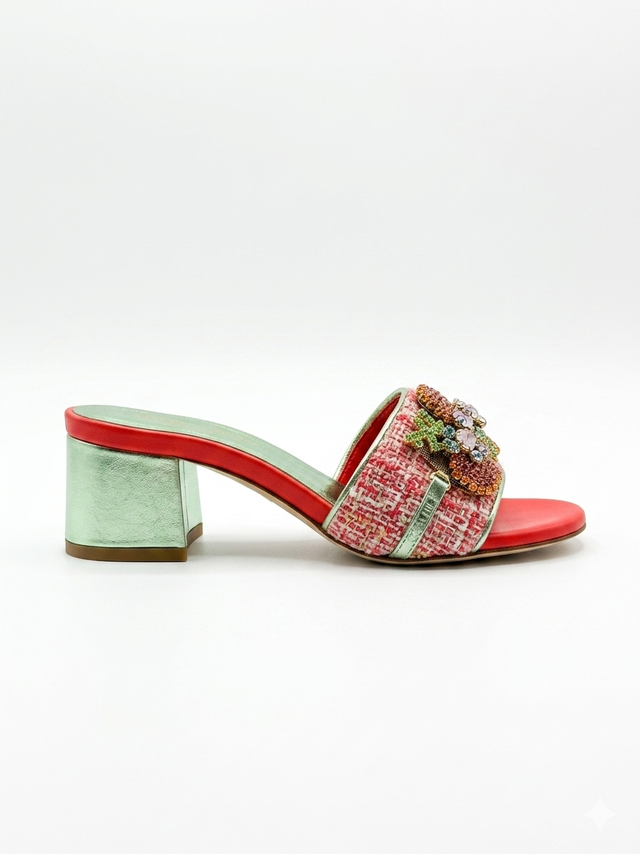 Coral Tweed Slide Sandals with Crystal Embellishments