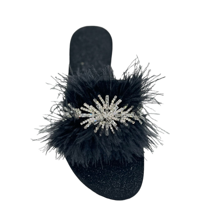 Black Feather Crystal Dream Slide Sandals in Suede