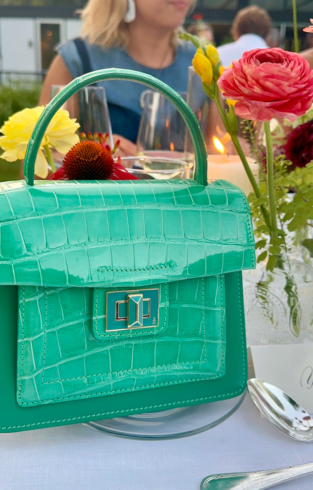 Divina Top Handle Croco Handbag in Turquoise