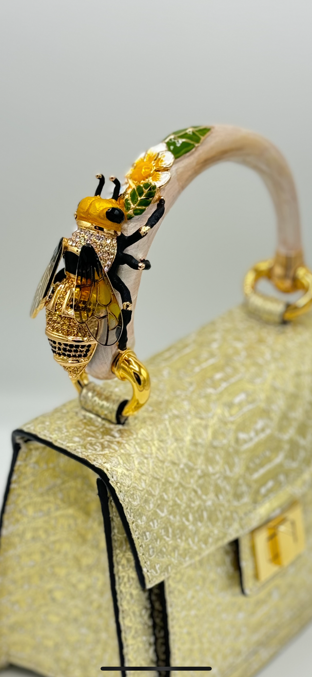 Gold Metallic Python handbag with hand-painted bee enamelled brass handle