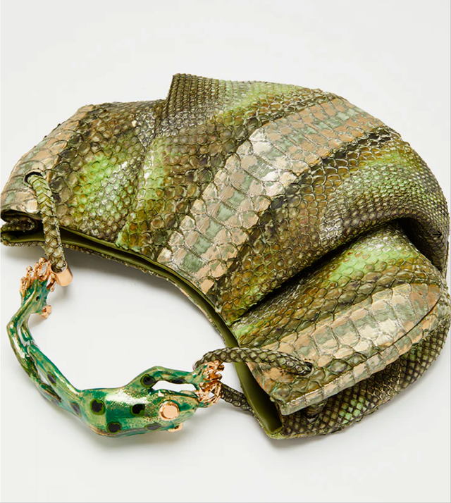 Olive color python handbag with bullfrog charm handle