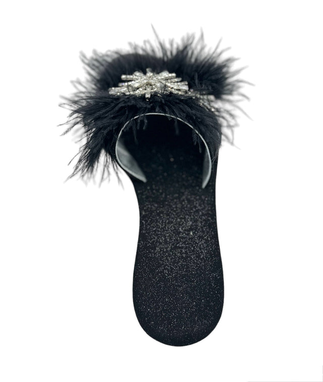 Black Feather Crystal Dream Slide Sandals in Suede