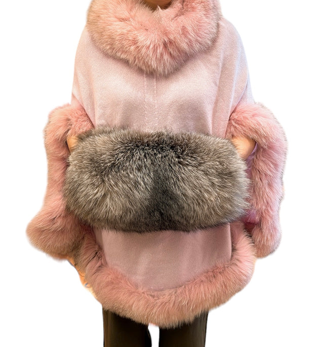 Pink Cashmere Poncho with Fox Fur Trims