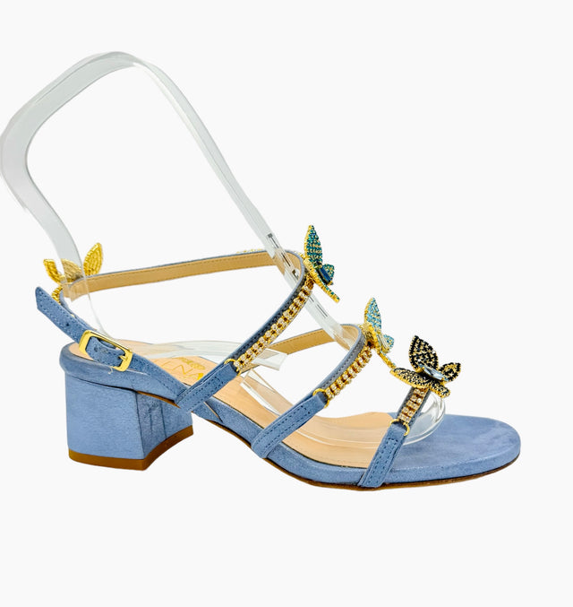 Baby Blue Butterfly Midi Chunky Heel Sandals
