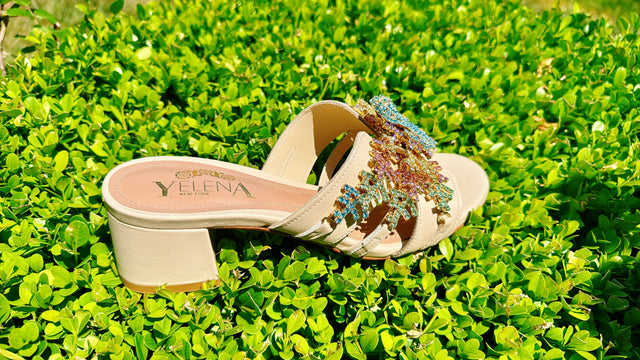 Multicolored octopus and coral jeweled chunky heel sandals in beige leather-RESTOCK COMING