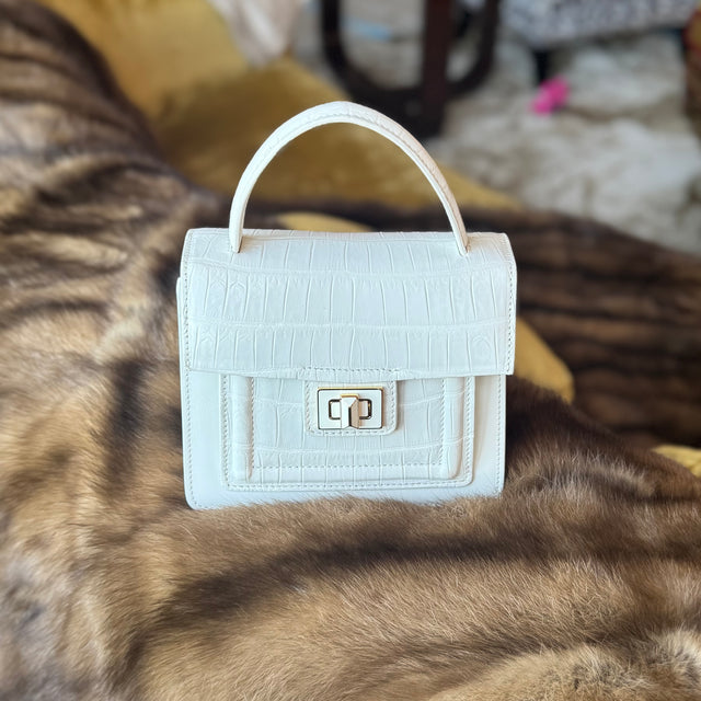 Divina Top Handle Croco Bag in White