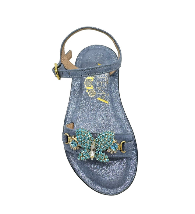 Baby Blue Crystal Butterfly Mini-Me Flat Sandals in Denim - Smaller Sizes
