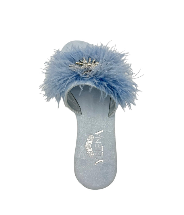 Baby Blue Feather Crystal Dream Slide Sandals in Suede