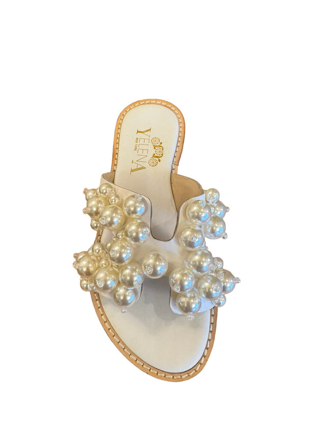 White Calf Leather Slide Sandals with Artificial Pearls