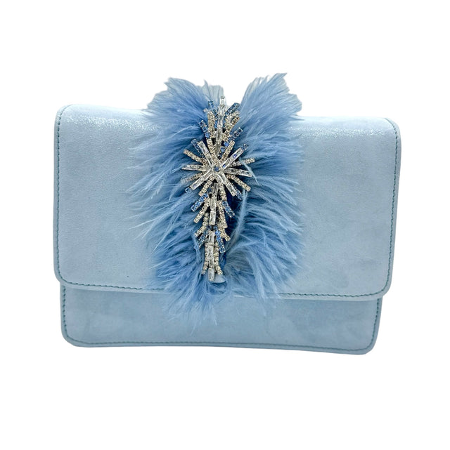 Baby Blue Feather Crystal Dream Clutch Bag in Suede