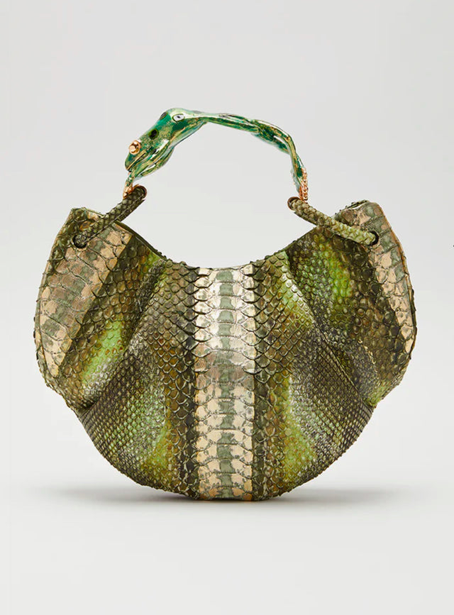 Olive color python handbag with bullfrog charm handle