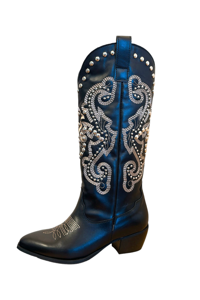 Black Leather Cowboy Tall Boots