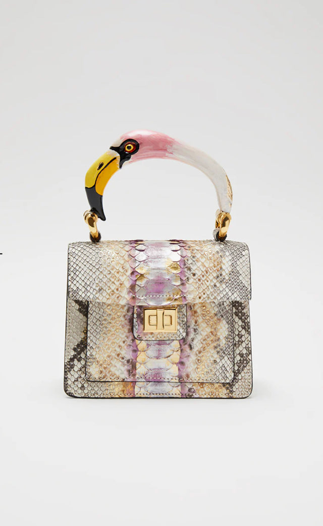 Python top handle bag with pink flamingo handle charm