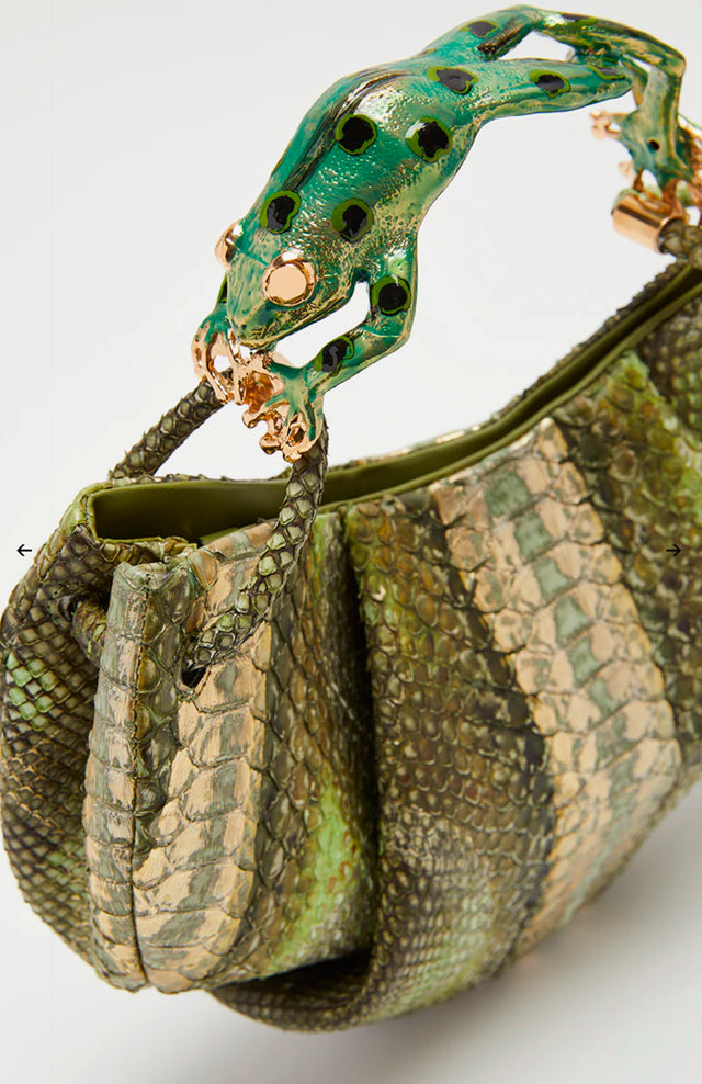 Olive color python handbag with bullfrog charm handle
