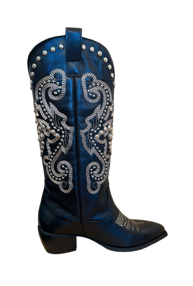 Black Leather Cowboy Tall Boots