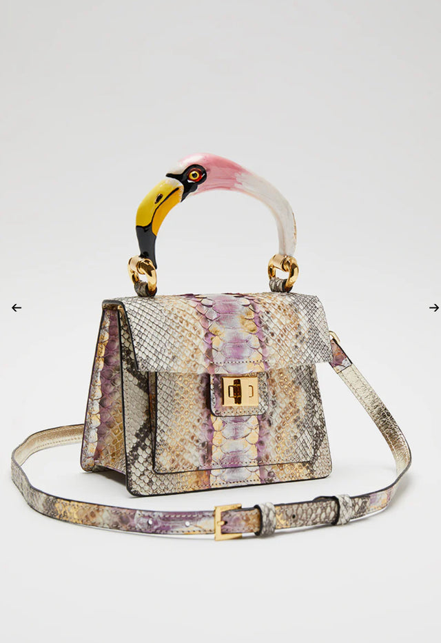 Python top handle bag with pink flamingo handle charm