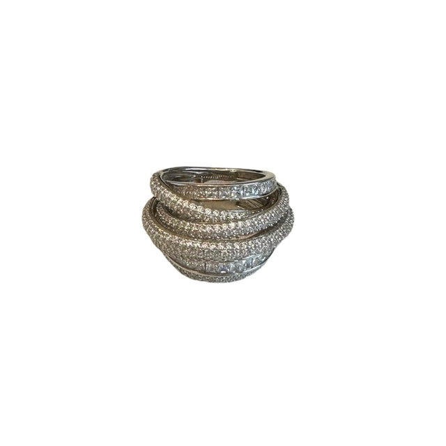 Silver crystal crisscross statement ring