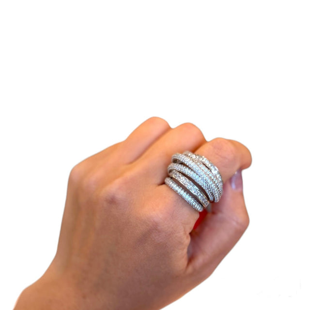 Silver crystal crisscross statement ring