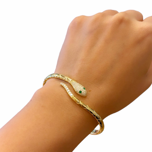 Petite Snake Cuff with Green Stone Eyes in Gold