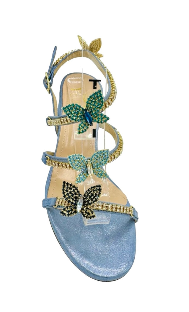 Baby Blue Butterfly Midi Chunky Heel Sandals