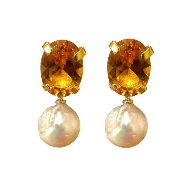 Yellow quartz and baroque pearl earrings