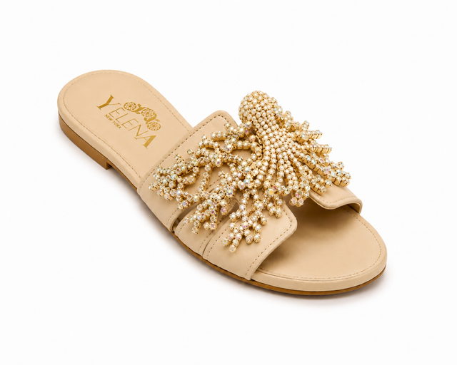 Beige Color Octupus Embellishment Slide Sandals-RESTOCK COMING