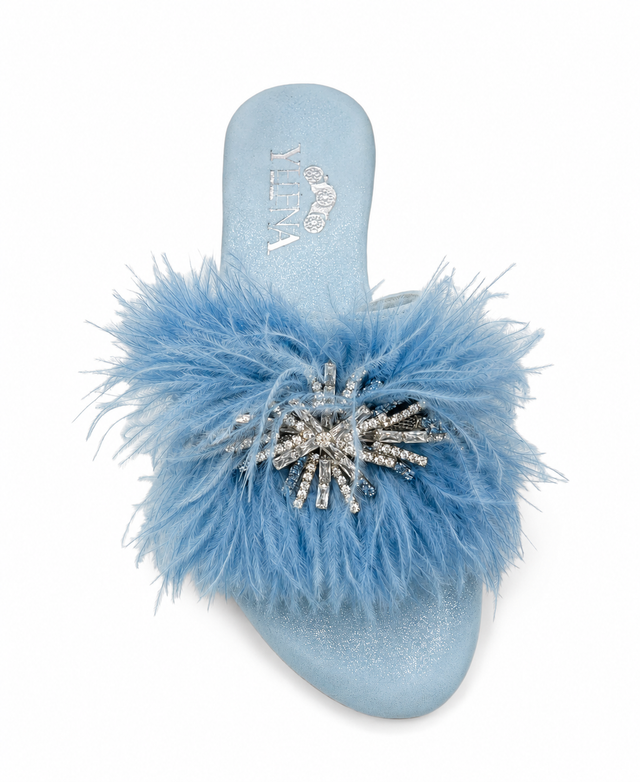 Baby Blue Feather Crystal Dream Slide Sandals in Suede