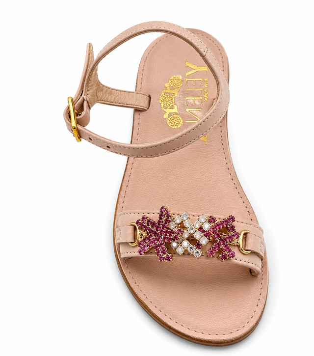 Pink Crystal Coral Starfish Crystal Mini-Me Flat Sandals in Leather - Smaller Size