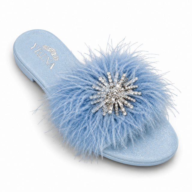Baby Blue Feather Crystal Dream Slide Sandals in Suede