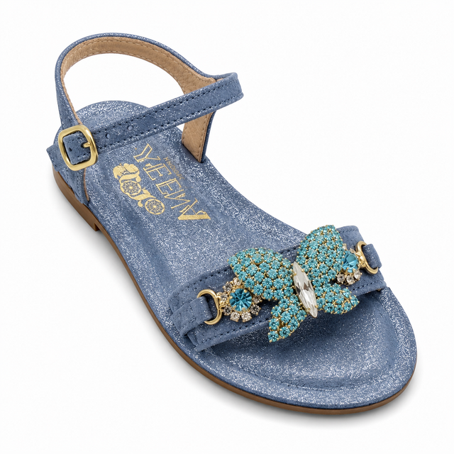 Baby Blue Crystal Butterfly Mini-Me Flat Sandals in Denim - Smaller Sizes