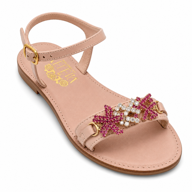 Pink Crystal Coral Starfish Crystal Mini-Me Flat Sandals in Leather - Smaller Size
