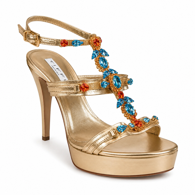 High Heel Tiffi Capri Sandals in Coral and Blue