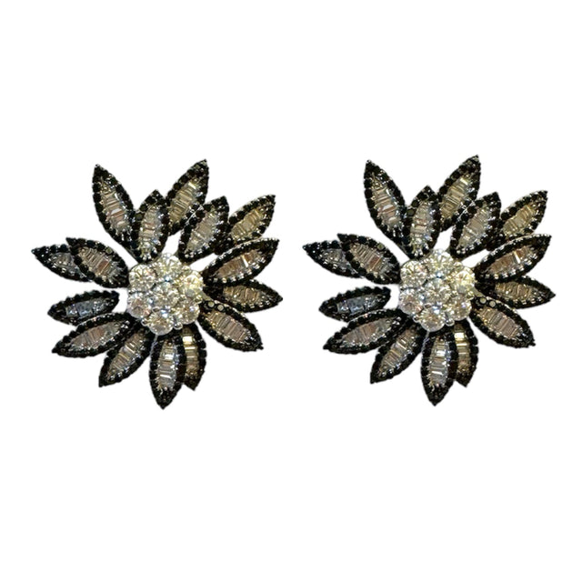 Black White Fancy Crystal Flower Studs