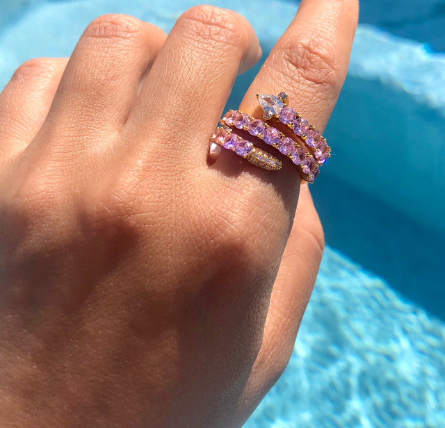 Snake-shaped 925 Silver ring with pink zircons