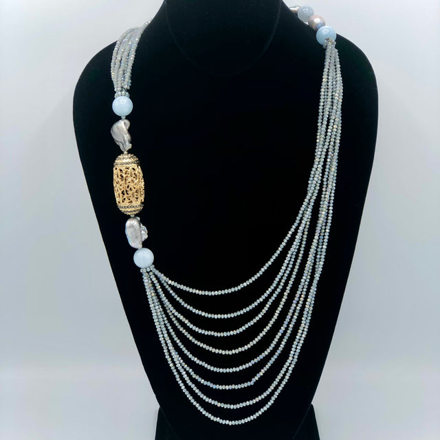 Grey multistrand necklace with agate and pearl details