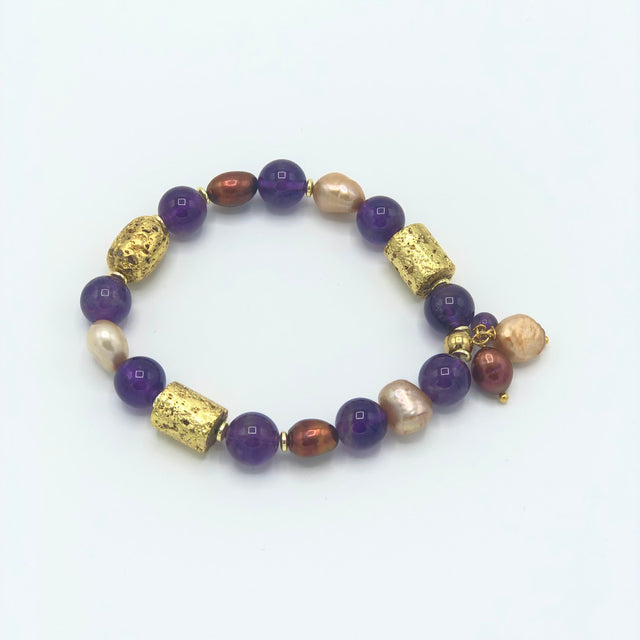 Charm bracelet with amethyst, pearls and vintage brass