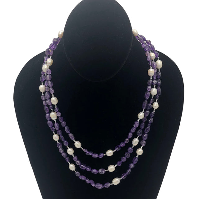 Dark purple agate long necklace with pearls