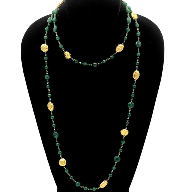 Green agate long necklace with Swarovski and lava stones